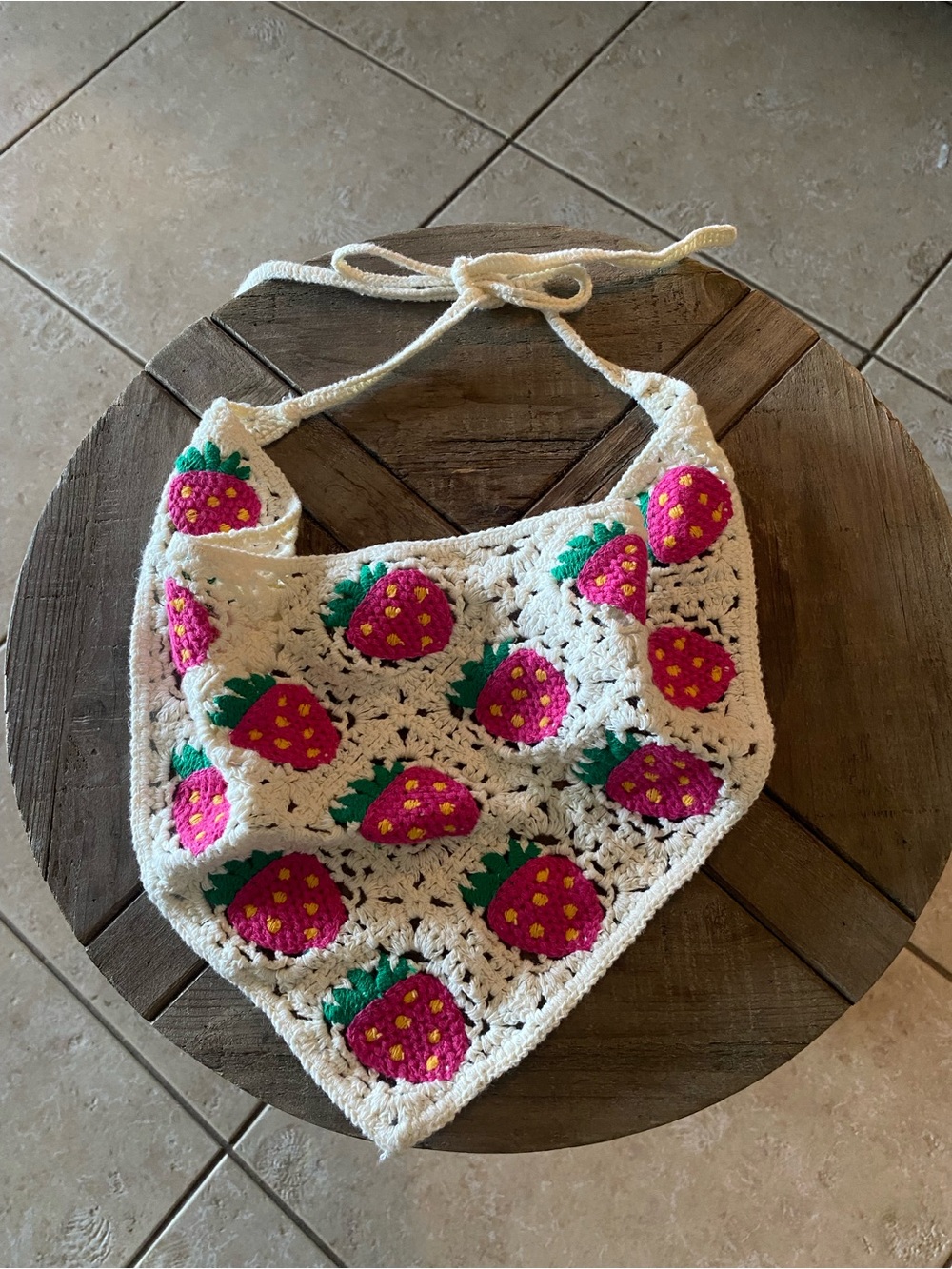 Handmade Cream Crochet Strawberry Bandana Scarf